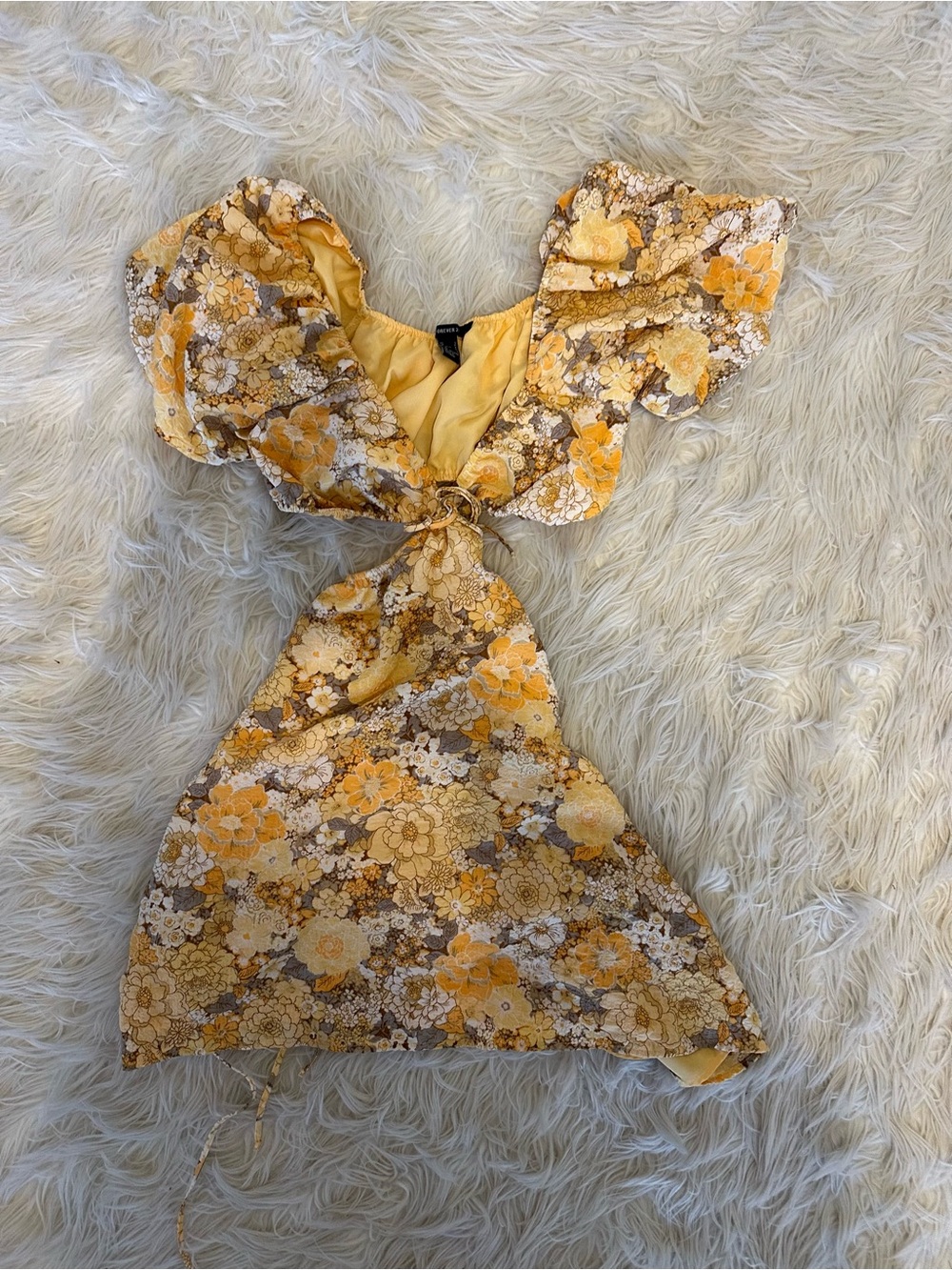 Forever 21 Yellow Floral Tie-Front Mini Dress with Puff Sleeves
